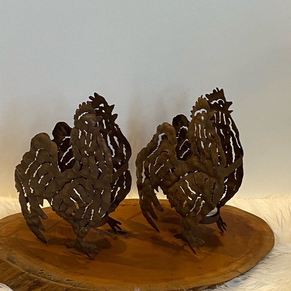 2 Rustic Industrial Farmhouse Metal Rooster Tea Light Candle Holders Cottagecore